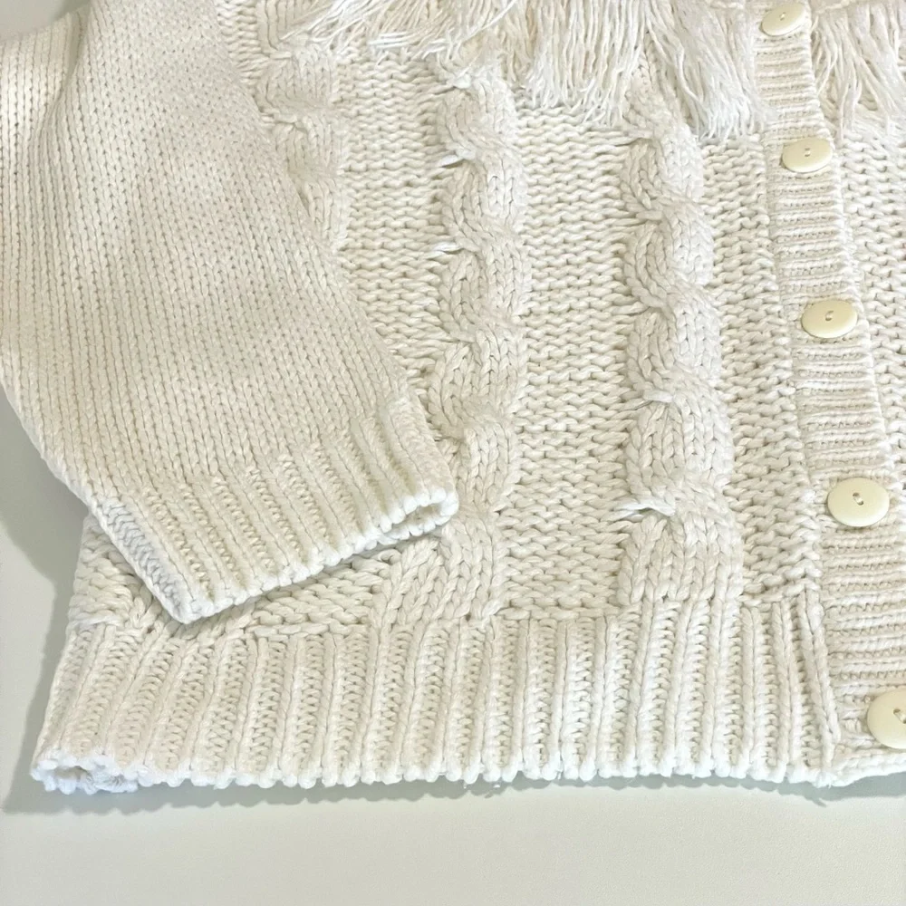Vintage Nordic Fair Isle Fringe Yoke Cardigan Cable Knit Sweater 80s 90s Medium